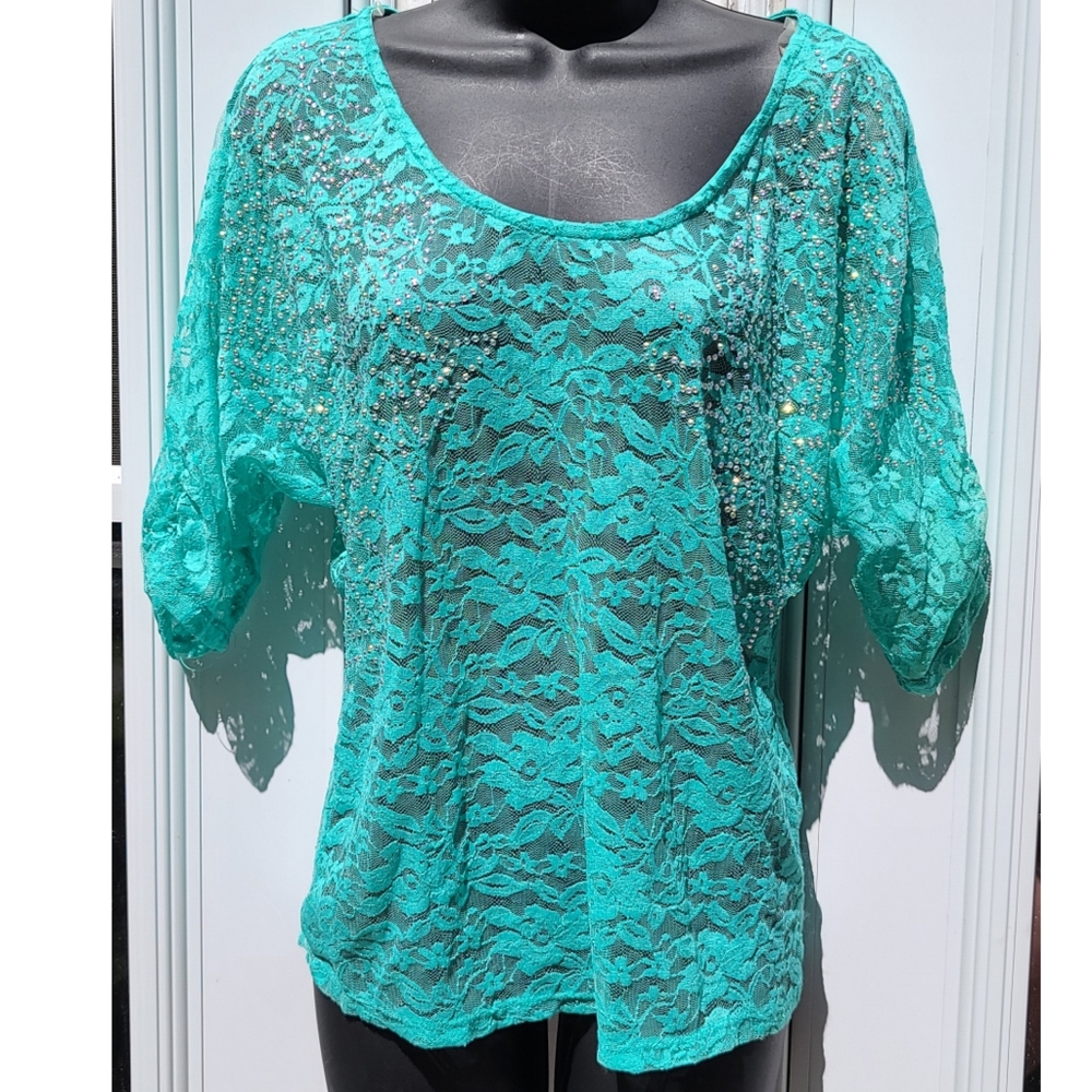 Charlotte Russe Bedazzled Aqua Lace Top